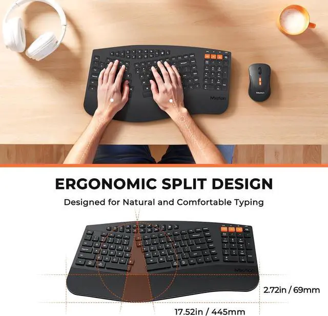 Alt view image 3 of 7 - MEETION Ergonomic Keyboard and Mouse, Multi-Device Bluetooth Keyboard and Mouse Wireless, 4 DPI Adjustable Mouse, Multimedia Full-Sized Split Keyboard, for PC/Computer/Laptop/Tablet/Window/Mac