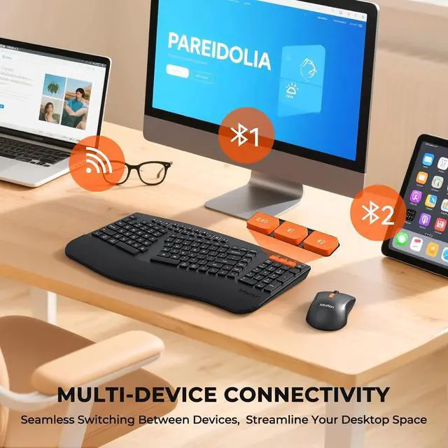 Alt view image 4 of 7 - MEETION Ergonomic Keyboard and Mouse, Multi-Device Bluetooth Keyboard and Mouse Wireless, 4 DPI Adjustable Mouse, Multimedia Full-Sized Split Keyboard, for PC/Computer/Laptop/Tablet/Window/Mac