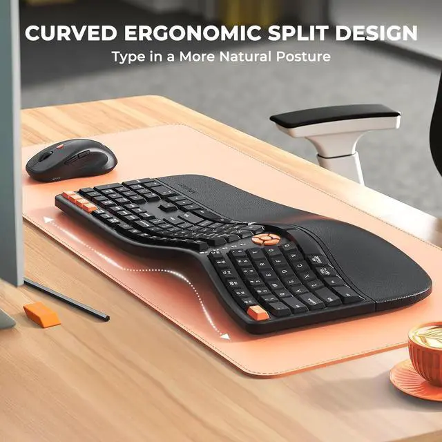 Alt view image 2 of 7 - MEETION Ergonomic Keyboard and Mouse, 2.4G Wireless/Bluetooth Split Keyboard with Cushioned Palm Rest, 4 DPI Adjustable Mouse, Full Size Multi-Device Keyboard for Windows/Mac/PC/Laptop, Black