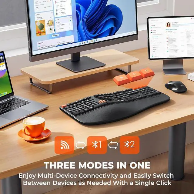 Alt view image 4 of 7 - MEETION Ergonomic Keyboard and Mouse, 2.4G Wireless/Bluetooth Split Keyboard with Cushioned Palm Rest, 4 DPI Adjustable Mouse, Full Size Multi-Device Keyboard for Windows/Mac/PC/Laptop, Black