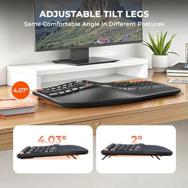 Alt view image 6 of 7 - MEETION Ergonomic Keyboard and Mouse, 2.4G Wireless/Bluetooth Split Keyboard with Cushioned Palm Rest, 4 DPI Adjustable Mouse, Full Size Multi-Device Keyboard for Windows/Mac/PC/Laptop, Black