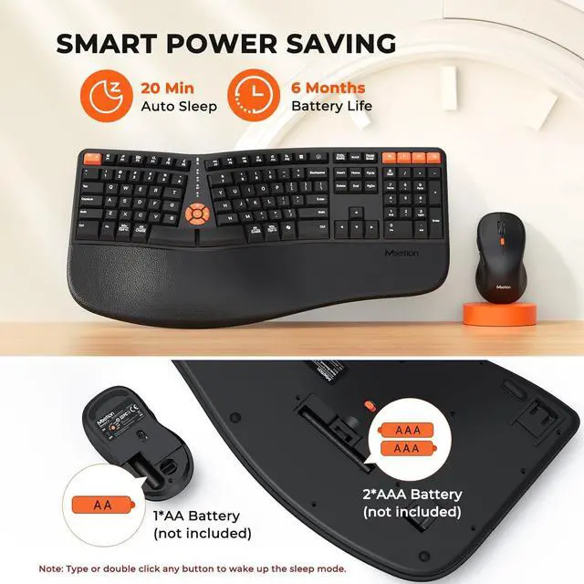 Alt view image 7 of 7 - MEETION Ergonomic Keyboard and Mouse, 2.4G Wireless/Bluetooth Split Keyboard with Cushioned Palm Rest, 4 DPI Adjustable Mouse, Full Size Multi-Device Keyboard for Windows/Mac/PC/Laptop, Black