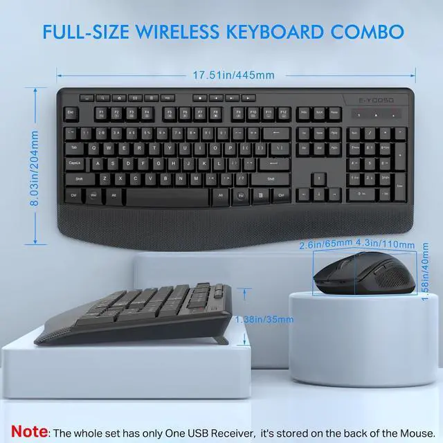 Alt view image 2 of 7 - Wireless Keyboard and Mouse Combo, E-YOOSO 2.4GHz Full Sized Ergonomic Wireless Keyboard with Wrist Rest, 3 DPI Adjustable and 6 Buttons Cordless USB Mouse for Computer, Laptop, PC, Windows (Black)