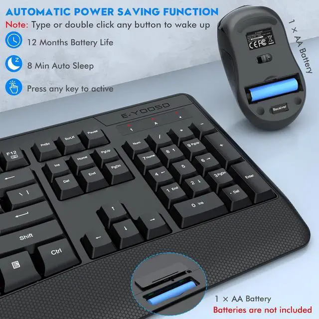 Alt view image 5 of 7 - Wireless Keyboard and Mouse Combo, E-YOOSO 2.4GHz Full Sized Ergonomic Wireless Keyboard with Wrist Rest, 3 DPI Adjustable and 6 Buttons Cordless USB Mouse for Computer, Laptop, PC, Windows (Black)