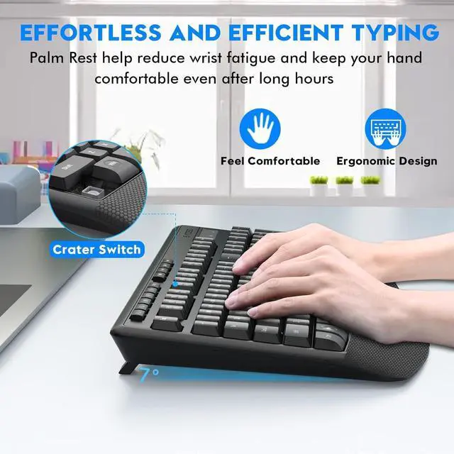 Alt view image 3 of 7 - Wireless Keyboard and Mouse Combo, E-YOOSO 2.4GHz Full Sized Ergonomic Wireless Keyboard with Wrist Rest, 3 DPI Adjustable and 6 Buttons Cordless USB Mouse for Computer, Laptop, PC, Windows (Black)