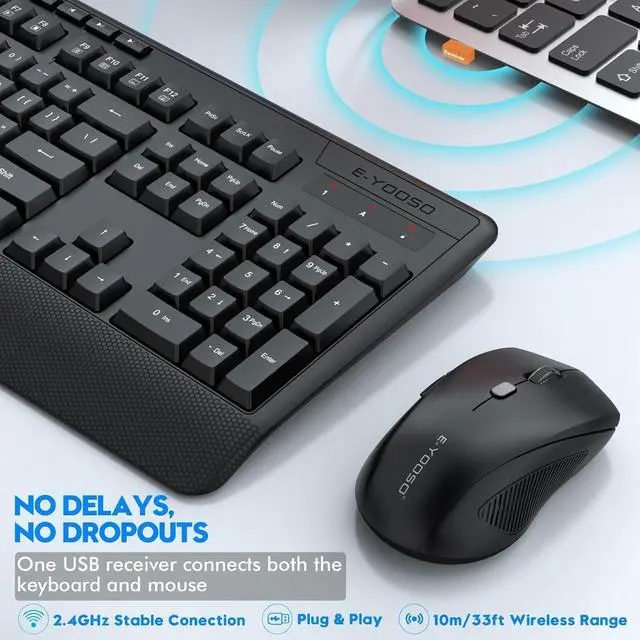 Alt view image 4 of 7 - Wireless Keyboard and Mouse Combo, E-YOOSO 2.4GHz Full Sized Ergonomic Wireless Keyboard with Wrist Rest, 3 DPI Adjustable and 6 Buttons Cordless USB Mouse for Computer, Laptop, PC, Windows (Black)