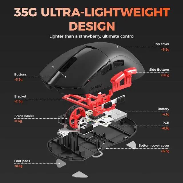 Alt view image 2 of 7 - DAREU A950 Wing 8K Lightweight Wireless Gaming Mouse 1.23oz (35g), Custom PAW3950 30K Optical Sensor, Wired/Wireless Dual 8k Polling Rate, Symmetrical, 5 Programmable Buttons,70H Battery