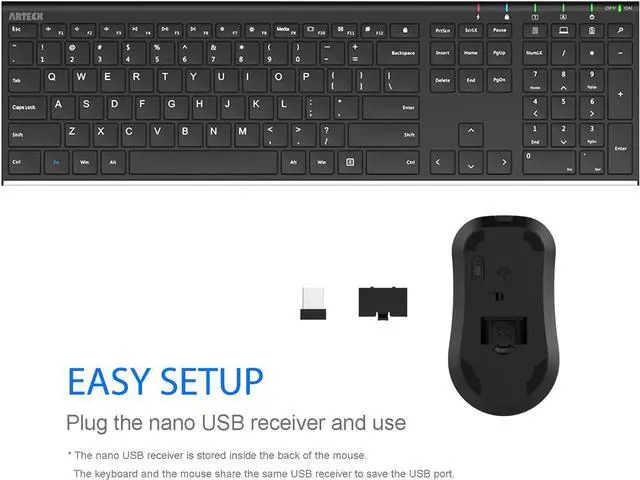 Alt view image 4 of 7 - Arteck 2.4G Wireless Keyboard and Mouse Combo Stainless Steel Ultra Slim Full Size Keyboard Keyboard and Ergonomic Mice for Computer Desktop PC Laptop and Windows 10/8/7 Build in Rechargeable Battery