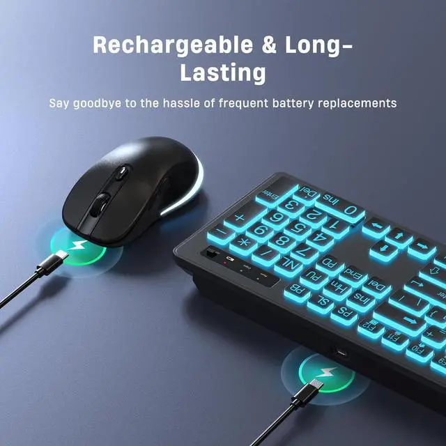 Alt view image 5 of 6 - Large Print Wireless Keyboard and Mouse - 7 Colors Backlit Keyboard, Oversize Letters Keys Easy to See and Type, Rechargeable Keyboard and Mouse with Light Up Key, Compatible for PC, Windows, Gaming