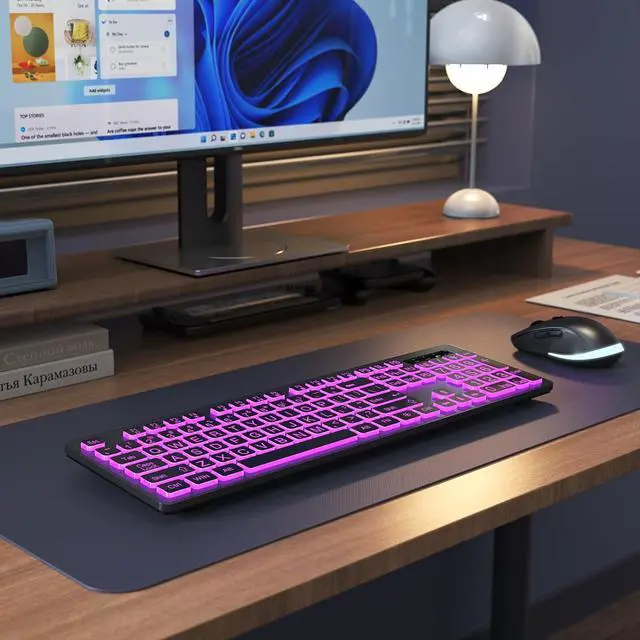 Alt view image 6 of 7 - Backlit Wireless Keyboard, 2.4G Silent Wireless Light Up Keyboard, Full Size Computer Keyboards with 7 Colored Backlits, Rechargeable Keyboards for Windows, PC, Laptop