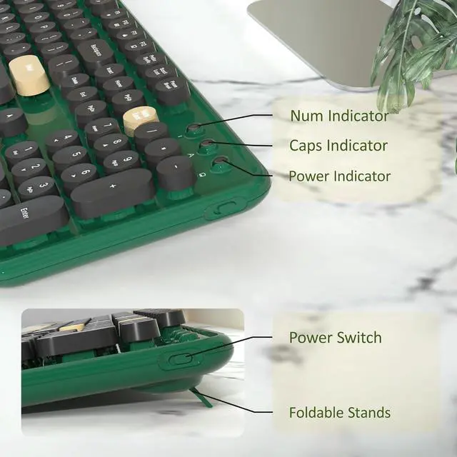 Alt view image 4 of 6 - Colorful Wireless Computer Keyboards Mouse Combos, Cute Retro Typewriter Keyboard with Round Keycaps, 2.4 GHz 104 Keys Full-Sized USB/Type C Receiver Keyboard and Optical MouseDark Green