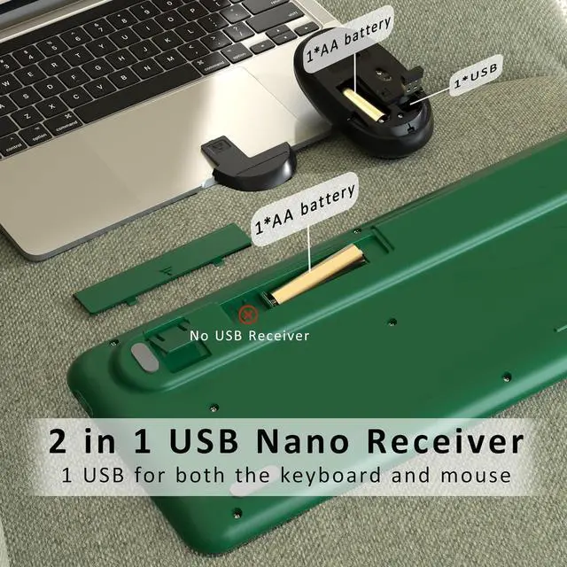 Alt view image 5 of 6 - Colorful Wireless Computer Keyboards Mouse Combos, Cute Retro Typewriter Keyboard with Round Keycaps, 2.4 GHz 104 Keys Full-Sized USB/Type C Receiver Keyboard and Optical MouseDark Green