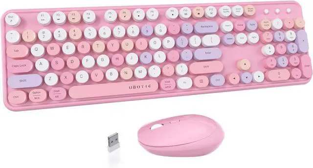 Main image of UBOTIE Colorful Wireless Keyboard and Mouse Combo (Pink-Colorful) | Retro Typewriter Floating Full-Sized Keys Computer Keyboard with Optical Mouse, 2.4GHz USB Connection for Windows Mac