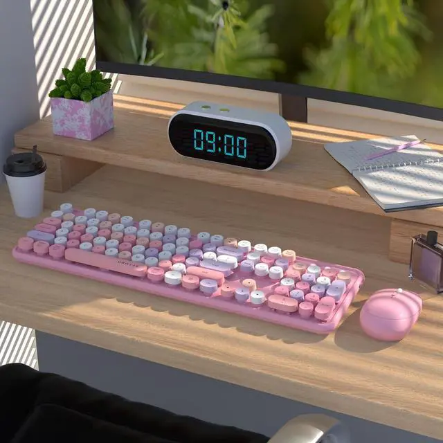 Alt view image 2 of 6 - UBOTIE Colorful Wireless Keyboard and Mouse Combo (Pink-Colorful) | Retro Typewriter Floating Full-Sized Keys Computer Keyboard with Optical Mouse, 2.4GHz USB Connection for Windows Mac