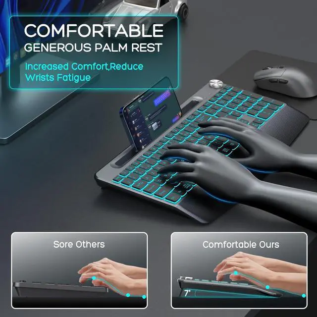 Alt view image 3 of 7 - Wireless Keyboard and Mouse Backlits - Full-Sized Ergonomic Lighted Keyboard with Wrist Rest, Phone Holder,2.4GHz Rechargeable Silent Keyboard Mouse Combo for Computer, Laptop, PC, Mac -Grey