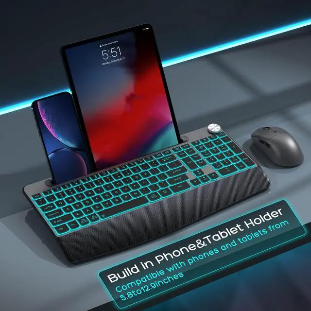 Alt view image 4 of 7 - Wireless Keyboard and Mouse Backlits - Full-Sized Ergonomic Lighted Keyboard with Wrist Rest, Phone Holder,2.4GHz Rechargeable Silent Keyboard Mouse Combo for Computer, Laptop, PC, Mac -Grey