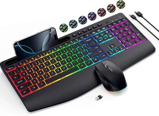 Main image of 2.4G Rechargeable Wireless Keyboard & Mouse Combo Silent Set with Phone Holder, Ergonomic Wrist Rest & 9 RGB Backlit Effects for Windows, Laptop, PC