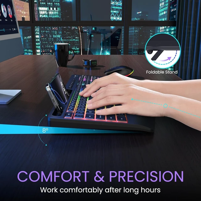 Alt view image 3 of 7 - 2.4G Rechargeable Wireless Keyboard & Mouse Combo Silent Set with Phone Holder, Ergonomic Wrist Rest & 9 RGB Backlit Effects for Windows, Laptop, PC