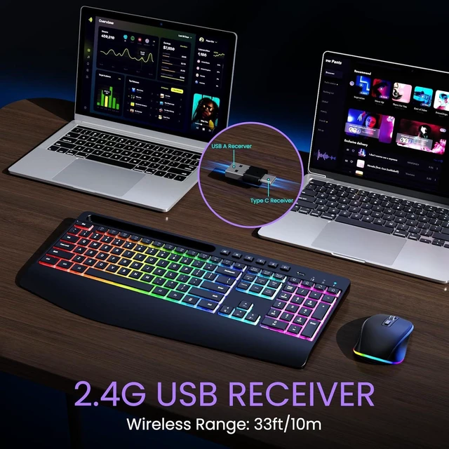 Alt view image 6 of 7 - 2.4G Rechargeable Wireless Keyboard & Mouse Combo Silent Set with Phone Holder, Ergonomic Wrist Rest & 9 RGB Backlit Effects for Windows, Laptop, PC