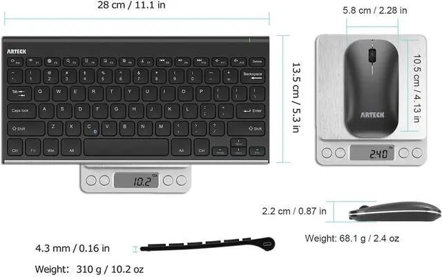 Alt view image 6 of 7 - Arteck Bluetooth Keyboard and Mouse Combo Ultra Compact Slim Stainless Full Size Keyboard and Ergonomic Mice for Computer/Desktop/PC/Laptop/Surface and Windows 10/8/7 Built in Rechargeable Battery