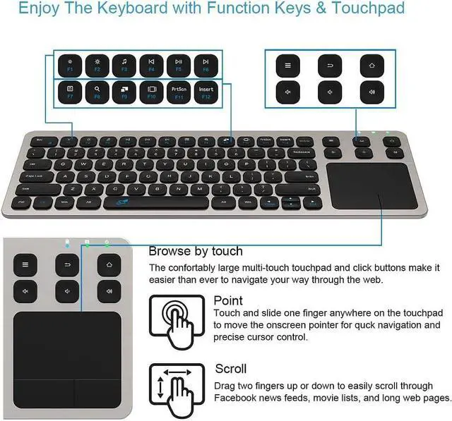 Alt view image 2 of 7 - Wireless Keyboard, Arteck 2.4G Wireless Touch TV Keyboard with Easy Media Control and Built-In Touchpad Mouse Solid Stainless Ultra Compact Full Size Keyboard for TV-Connected Computer, Smart TV, HTPC