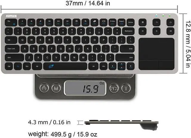 Alt view image 6 of 7 - Wireless Keyboard, Arteck 2.4G Wireless Touch TV Keyboard with Easy Media Control and Built-In Touchpad Mouse Solid Stainless Ultra Compact Full Size Keyboard for TV-Connected Computer, Smart TV, HTPC