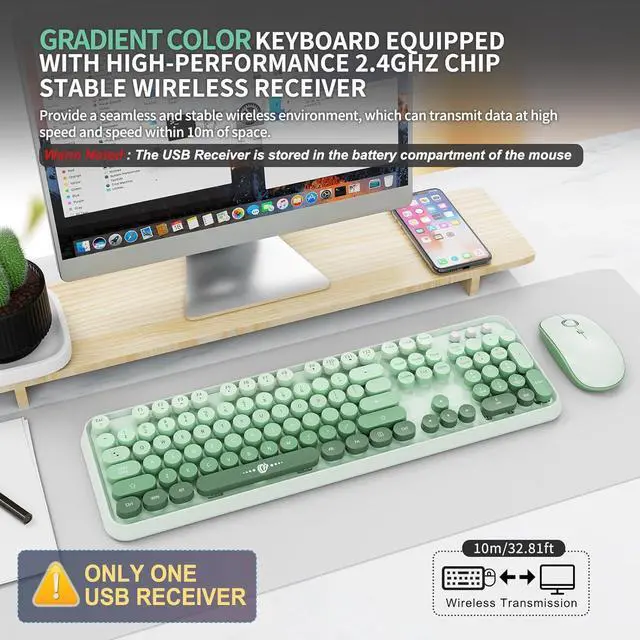 Alt view image 2 of 7 - FOPETT Wireless Keyboard and Mouse Combo - 2.4G Full-Sized Cute Colorful Mouse and Keyboard with 104 Round Keys Retro Typewriter Keyboard for Laptop/Windows/PC - Green Gradient