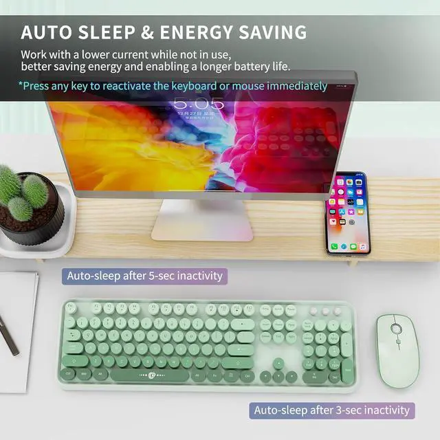 Alt view image 5 of 7 - FOPETT Wireless Keyboard and Mouse Combo - 2.4G Full-Sized Cute Colorful Mouse and Keyboard with 104 Round Keys Retro Typewriter Keyboard for Laptop/Windows/PC - Green Gradient