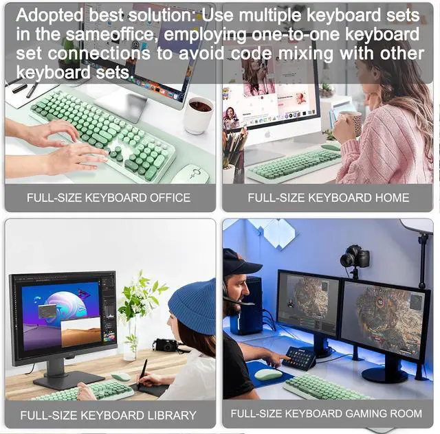 Alt view image 7 of 7 - FOPETT Wireless Keyboard and Mouse Combo - 2.4G Full-Sized Cute Colorful Mouse and Keyboard with 104 Round Keys Retro Typewriter Keyboard for Laptop/Windows/PC - Green Gradient