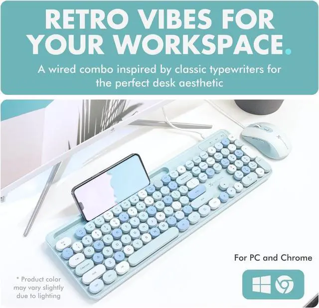 Alt view image 5 of 7 - X9 Wired Keyboard and Mouse Combo with Backlight - Silent Round Keycaps, Phone/Tablet Dock, 109 Fullsize Keys, Cute Colorful Blue Keyboard, Aesthetic and Pastel Keyboard for Laptop, PC and Chrome