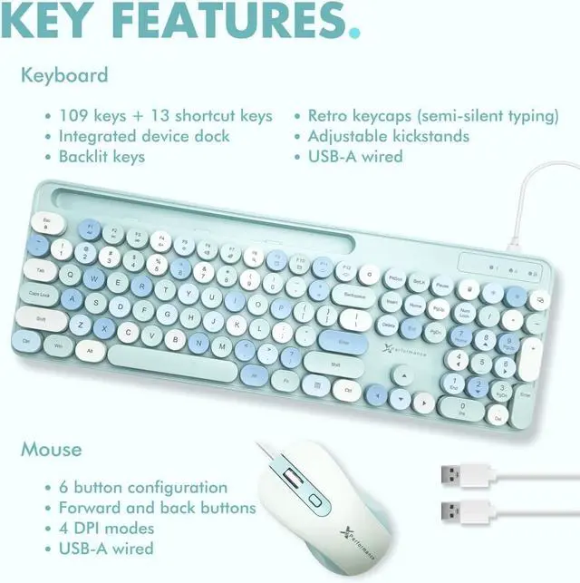 Alt view image 7 of 7 - X9 Wired Keyboard and Mouse Combo with Backlight - Silent Round Keycaps, Phone/Tablet Dock, 109 Fullsize Keys, Cute Colorful Blue Keyboard, Aesthetic and Pastel Keyboard for Laptop, PC and Chrome