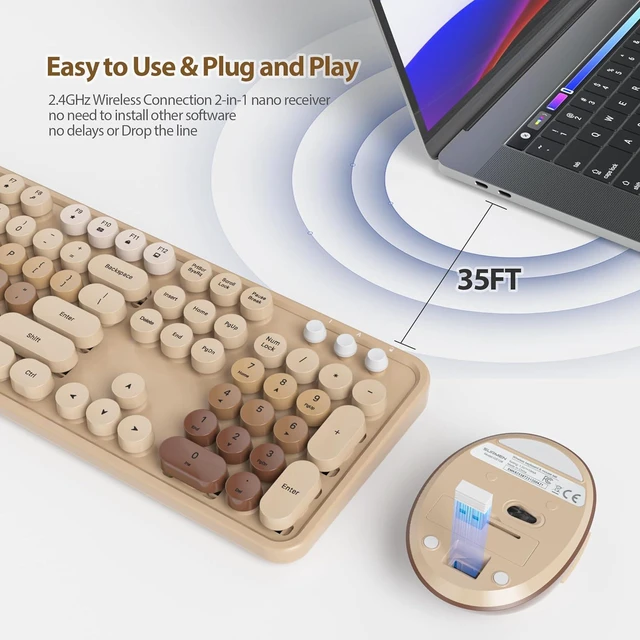 Alt view image 2 of 7 - Wireless Retro Typewriter Keyboard & Mouse Combo Full-Size with Number Pad & Cute Mouse, Gradient Colorful for Windows PC, Desktops & Laptop