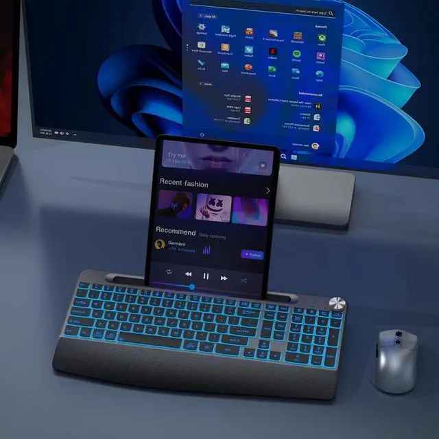 Alt view image 7 of 7 - Wireless Keyboard and Mouse Backlits - Full-Sized Ergonomic Lighted Keyboard with Wrist Rest, Phone Holder,2.4GHz Rechargeable Silent Keyboard Mouse Combo for Computer, Laptop, PC, Mac -Grey