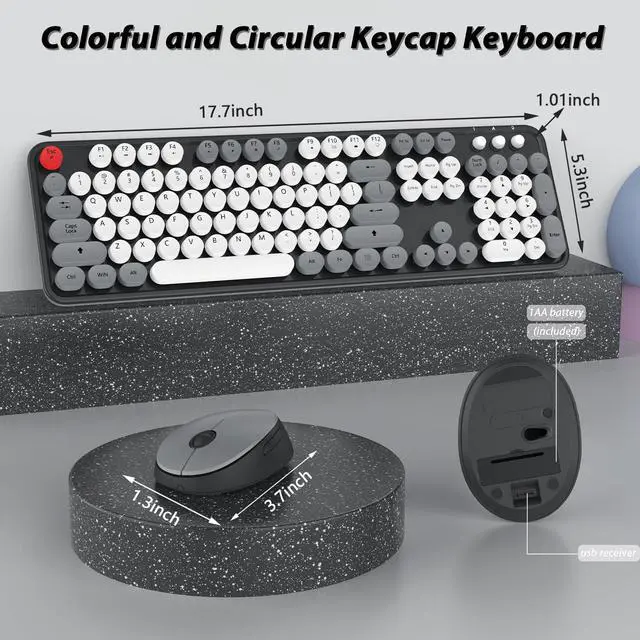 Alt view image 7 of 7 - Wireless Keyboard and Mouse, KOOTOP Cute Keyboard and Mouse, 2.4G Wireless Keyboard with Retro Round Keycap for PC, Mac, Laptop,Tablet,Computer Windows (Grey)