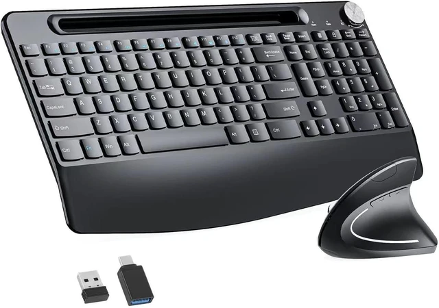 Main image of Full-Size Ergonomic Wireless Keyboard & Vertical Mouse Combo 2.4GHz, with Tablet/Phone Holder & Wrist Rest for Computer/Mac/PC/Laptop/Chromebook, Black