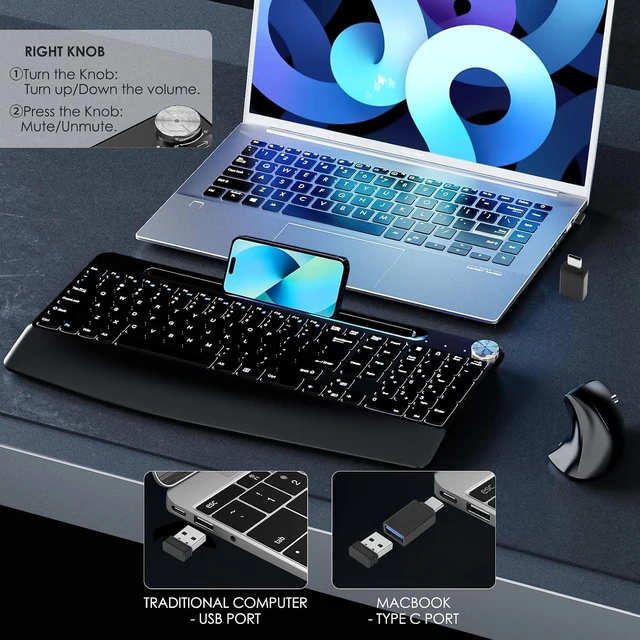 Alt view image 6 of 7 - Full-Size Ergonomic Wireless Keyboard & Vertical Mouse Combo 2.4GHz, with Tablet/Phone Holder & Wrist Rest for Computer/Mac/PC/Laptop/Chromebook, Black