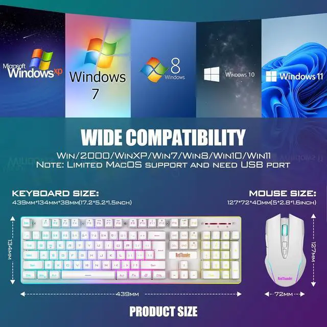 Alt view image 7 of 7 - RedThunder K10 Wireless Gaming Keyboard and Mouse Combo, LED Backlit Rechargeable 3800mAh Battery, Mechanical Feel Anti-ghosting Keyboard + 7D 3200DPI Mice for PC Gamer (White)