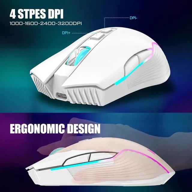 Alt view image 6 of 7 - RedThunder K10 Wireless Gaming Keyboard and Mouse Combo, RGB Backlit Rechargeable 3800mAh Battery, Mechanical Feel Anti-ghosting Keyboard with Pudding Keycaps + 7D 3200DPI Mice for PC Gamer (White)