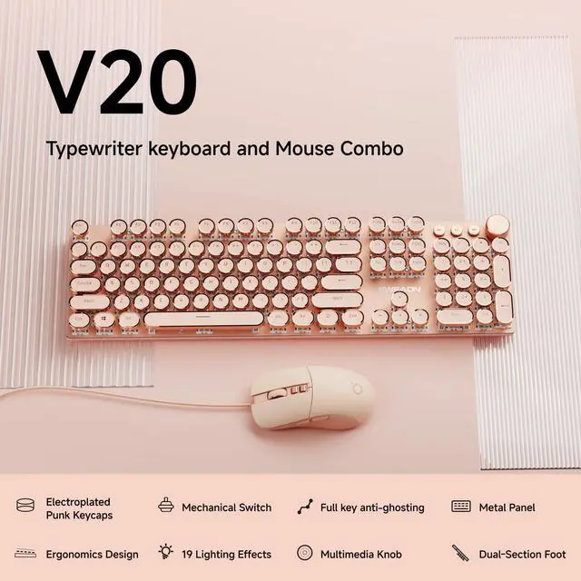 Alt view image 2 of 6 - EWEADN Wired Typewriterkeyboard and Mouse Combo, Typewriter Style Mechanical Gaming Keyboard,104 Keys Backlit LED Keyboards, Media Control Knob, Wired Keyboard Pink Switch for Windows/Mac/PC-Pink