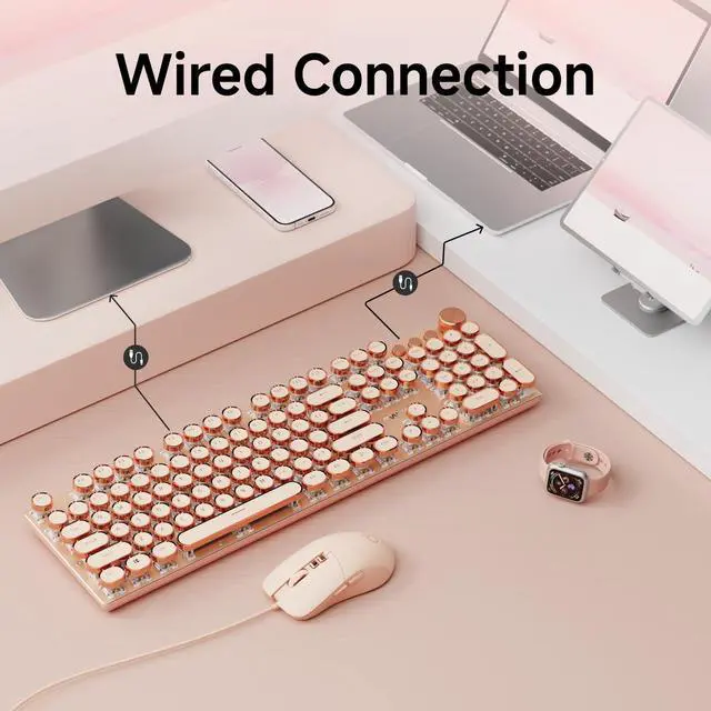 Alt view image 4 of 6 - EWEADN Wired Typewriterkeyboard and Mouse Combo, Typewriter Style Mechanical Gaming Keyboard,104 Keys Backlit LED Keyboards, Media Control Knob, Wired Keyboard Pink Switch for Windows/Mac/PC-Pink