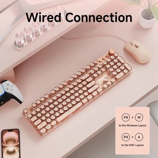 Alt view image 5 of 6 - EWEADN Wired Typewriterkeyboard and Mouse Combo, Typewriter Style Mechanical Gaming Keyboard,104 Keys Backlit LED Keyboards, Media Control Knob, Wired Keyboard Pink Switch for Windows/Mac/PC-Pink