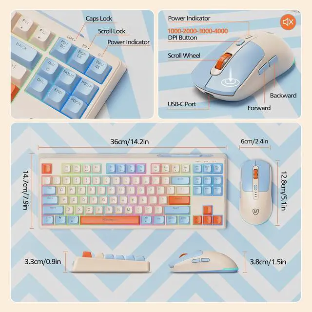 Alt view image 5 of 7 - 2.4G Wireless Keyboard and Mouse Combo, RGB Backlit Keyboard Mouse Set for Windows, Android & MacOS, Aesthetic Keyboard Mouse with USB & Type-C Dongle for PC Computers, Macbooks, Laptops, Ivory