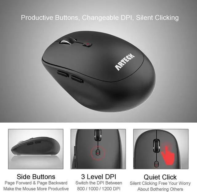 Alt view image 3 of 7 - Arteck 2.4G Wireless Keyboard and Mouse Combo Ultra Compact Slim Stainless Full Size Keyboard and Ergonomic Mouse for Computer/Desktop/PC/Laptop and Windows 10/8/7 Build in Rechargeable Battery