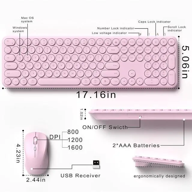 Alt view image 6 of 6 - Wireless Keyboard and Mouse Set  MPTOG Full-Sized 110Pcs Slim Round Key Design, Quiet Typing, Adjustable DPI Ergonomic Mouse, Wireless Combo for PC, Mac, Laptop, Tablets(Sakura Pink)