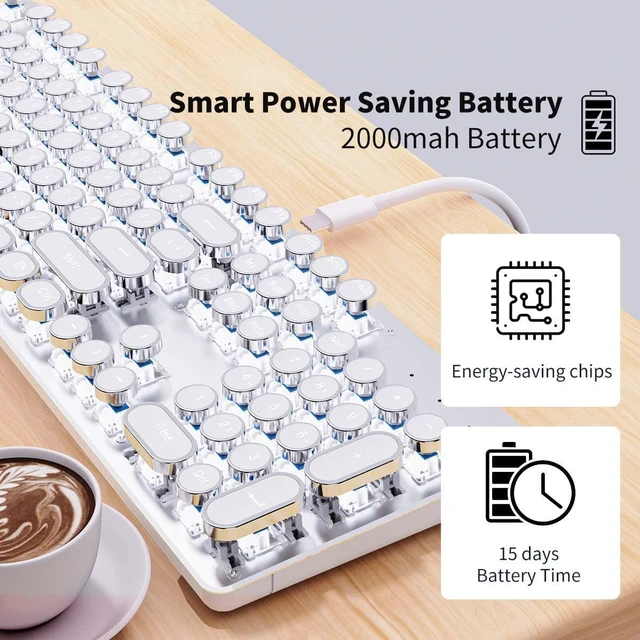 Alt view image 7 of 7 - Wireless Typewriter-Style Mechanical Keyboard with White Backlit, White