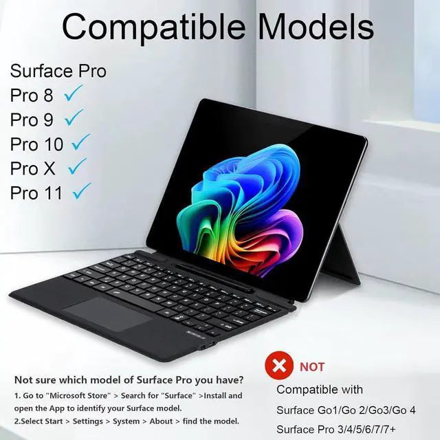 Alt view image 2 of 7 - Type Cover for Microsoft Surface Pro 11 Pro 10 Pro 9 Pro 8 Pro X, 13 inch, Ultra-Slim Bluetooth Keyboard with Multi-Touchpad Mouse Rechargeable, 7-Color LED Backlit (Black with Backlit)