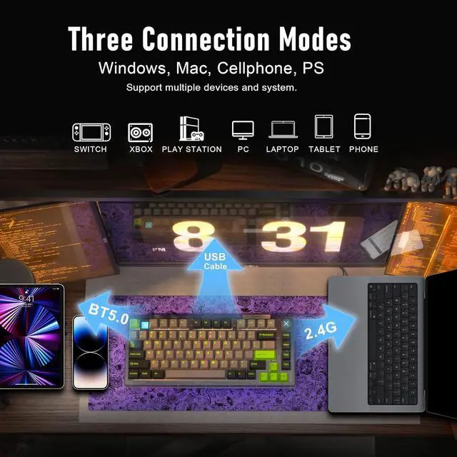 Alt view image 6 of 7 - ZIPFORCE Wireless Mechanical Keyboard,81 Keys Hot Swappable Custom Keyboard with Knob,RGB Backlit,2.4GHz/USB-C/BT5.0 Mechanical Gaming Keyboards, PBT Keycaps, 100 Million Keystroke Lifespan