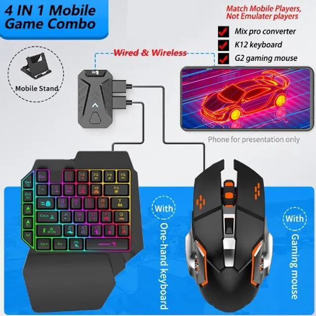 Alt view image 2 of 7 - One Hand RGB Gaming Keyboard and Mouse Combo, 4 in 1 Mouse Converter Gaming Mouse One Handed Gaming Keyboard with Converter Phone Stand for iOS for Android