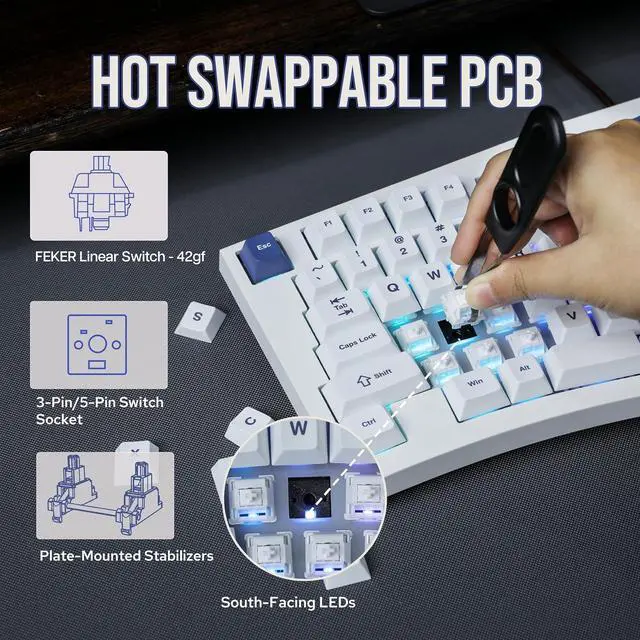 Alt view image 7 of 7 - Feker Alice98 Ergonomic 98 Keys Custom Mechanical Keyboard, VIA Programmable, USB-C Wired Gaming Keyboard, Hot Swappable, 5 Layer Paddings, Control Knob, NKRO, RGB for Win/Mac (White)
