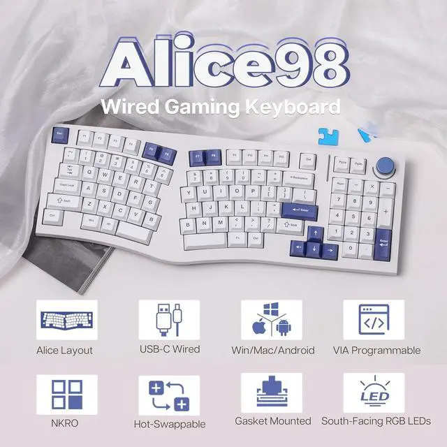 Alt view image 2 of 7 - Feker Alice98 Ergonomic 98 Keys Custom Mechanical Keyboard, VIA Programmable, USB-C Wired Gaming Keyboard, Hot Swappable, 5 Layer Paddings, Control Knob, NKRO, RGB for Win/Mac (White)